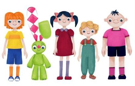 Otroci iz risanke, ki jim je Zajček pomagal reševati težave. Od leve Menyus, Kriszta, Kistofi in nasilnež Modzony