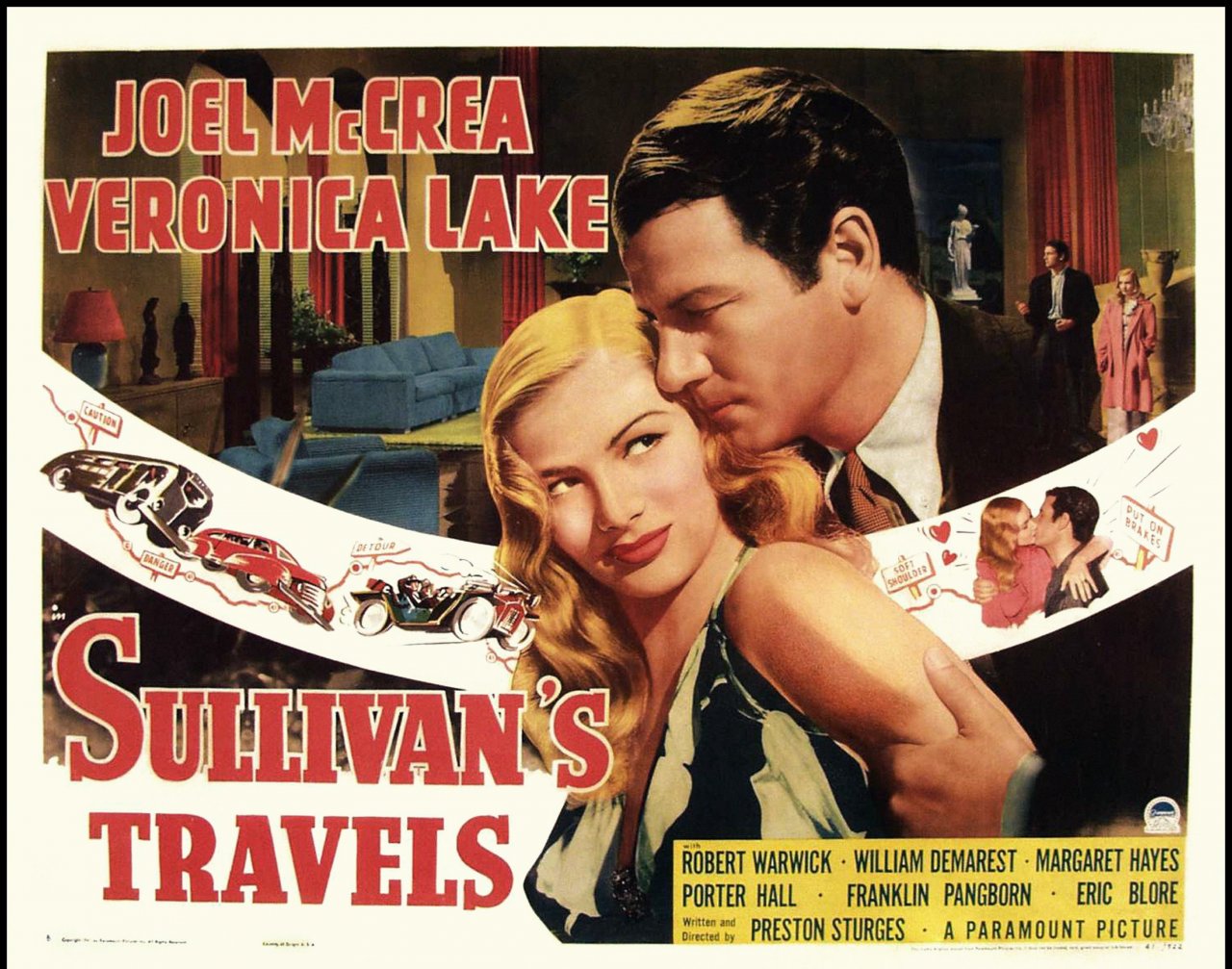 Plakat za film Sullivanova popotovanja (1941) z Veronico Lake in Joelom McCrea v glavnih vlogah.
